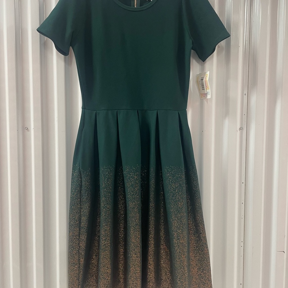 LuLaRoe Forest Green Textured Top Gold Embellished Bottom Size L